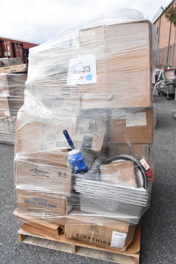 Pallet of 43 scratch and dent items, including potato cutter, dinner knives, ice cream tub basket, hotel pans; wrapped and labeled.