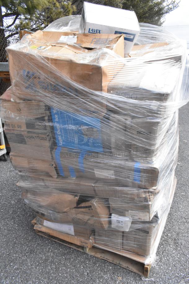Pallet of 43 brand new scratch and dent kitchen items, including a potato cutter, dinner knives, and hotel pans, wrapped in plastic.