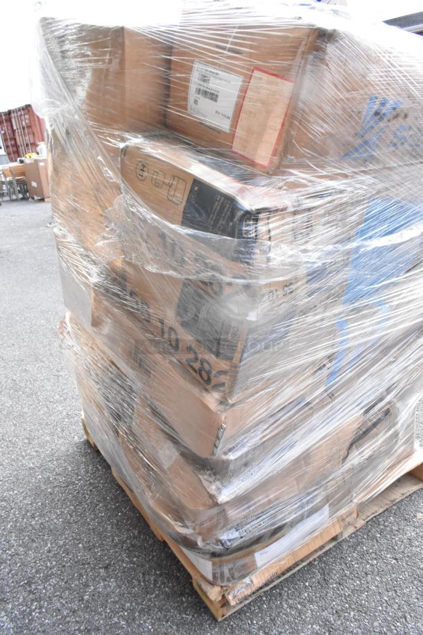 Pallet of 43 new scratch and dent items wrapped in plastic, including kitchen tools and hotel pans. Packaging labels visible.