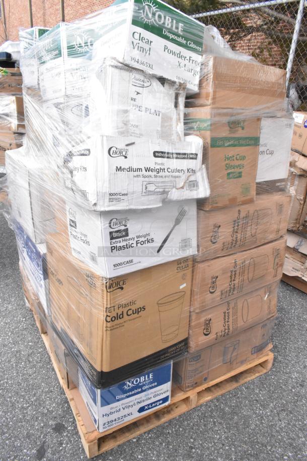 Pallet of 34 brand new items including Noble disposable gloves, Choice cutlery kits, plastic forks, cups, and more.