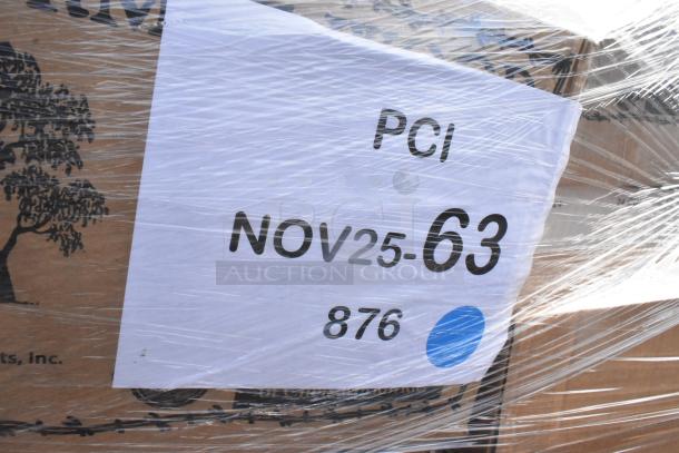 Pallet with 34 scratch and dent items, including hot cups and cupcake containers. Label reads "PCI NOV25-63 876."