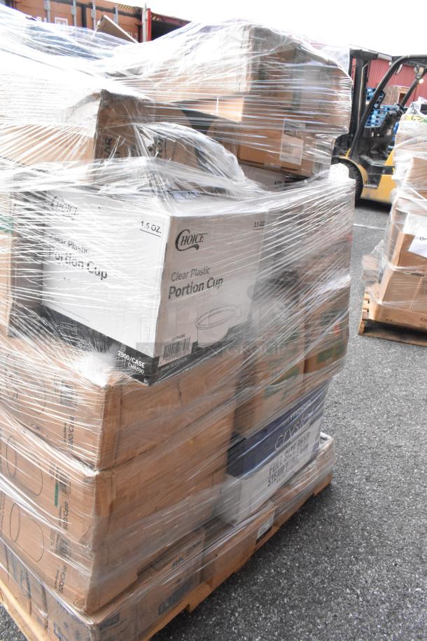 Pallet of various new items in shrink wrap, including Choice clear plastic portion cups, visible labels; scratch and dent condition.