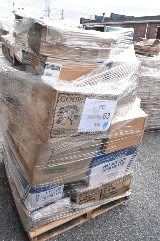 Pallet of assorted boxed items including hot cups, cupcake containers, wood chips, and more, wrapped in plastic. Auction lot PCI NOV25-63 shown.