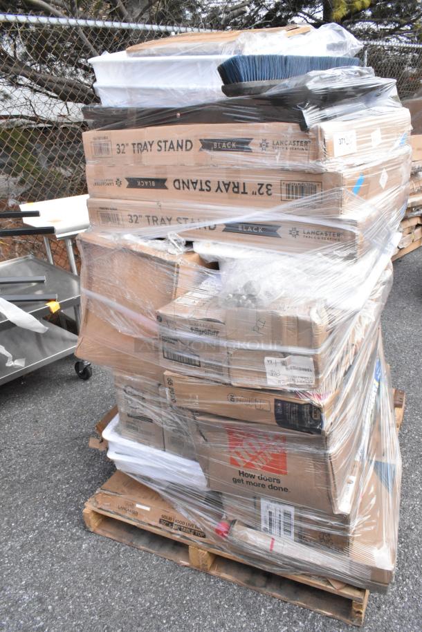 Pallet of 42 mixed items, including tray stands and various household goods, wrapped in plastic, some labeled "Lancaster".