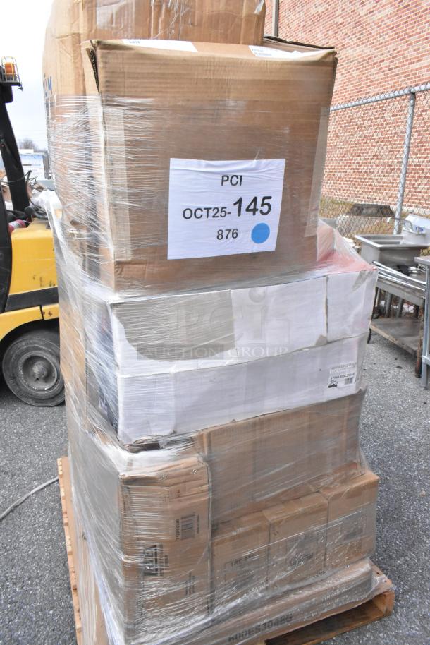 A pallet of 31 brand new scratch and dent items, including pipe clamps, plates, and mixing glasses, wrapped in plastic.