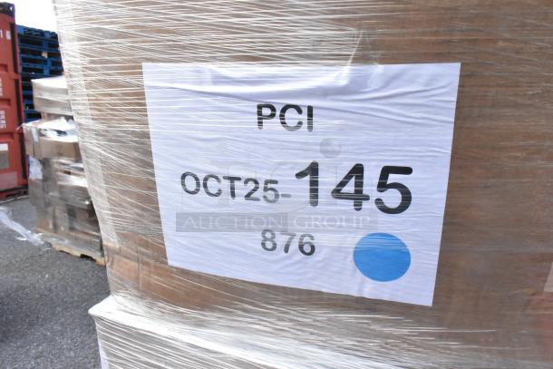 Pallet of 31 scratch and dent items, including pipe clamps, plates, and mixing glasses. Tag reads "PCI OCT25-145 876."