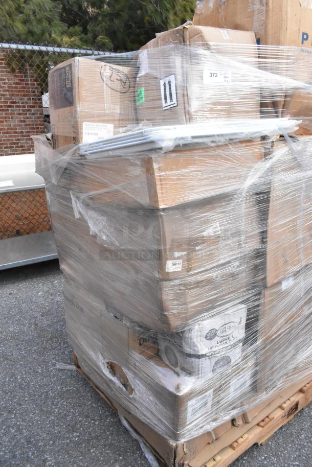 Pallet of 31 scratch and dent items including pipe clamps, plates, mixing glasses, wrapped in plastic on wooden skid.