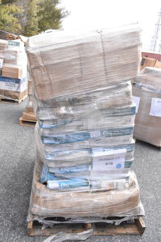 Pallet of 40 items wrapped in plastic, featuring brand new scratch and dent items, including mirrors and sinks. Visible labels.