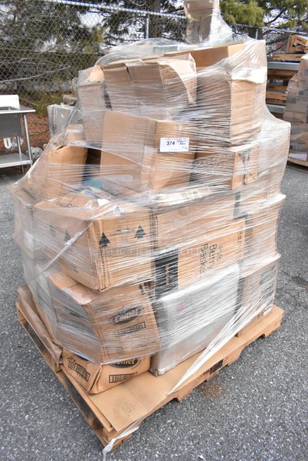 Pallet of 30 brand new scratch and dent kitchen items, including sheet pans and sauce pots, wrapped in plastic.