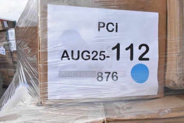 Pallet wrapped in plastic with labeled box "PCI AUG25-112 876." Contains 30 brand new scratch and dent items.