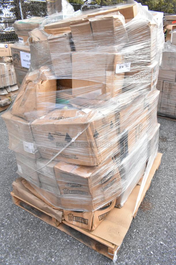 Pallet of 30 scratch and dent items wrapped in plastic, including sheet pans, sauce pots, containers, baskets. New condition.