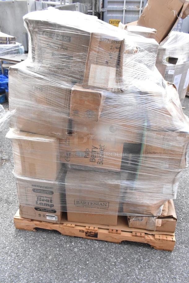 Pallet of 30 brand new scratch and dent items wrapped in plastic, including sheet pans, sauce pots, containers, and baskets.