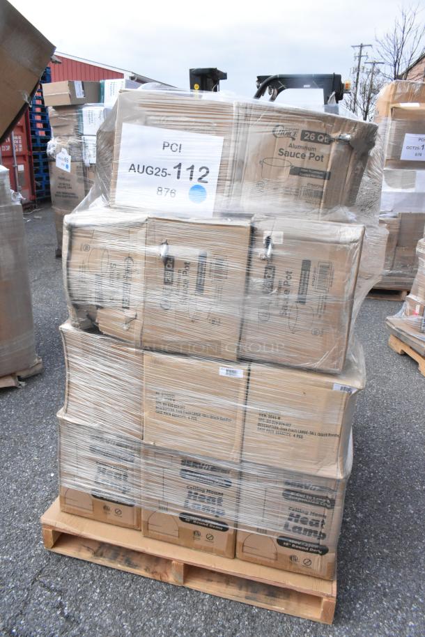 Pallet of brand new scratch and dent items, including sheet pans and sauce pots, wrapped in plastic with visible labels and tags.