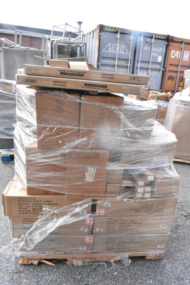 Pallet of 50 brand new items, including Carlisle tumblers and Update ashtrays, wrapped in plastic with visible labels.