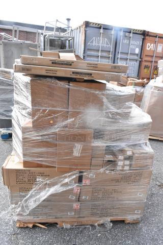 Pallet of 50 brand new items, including Carlisle tumblers and Update ashtrays, wrapped in plastic with visible labels.