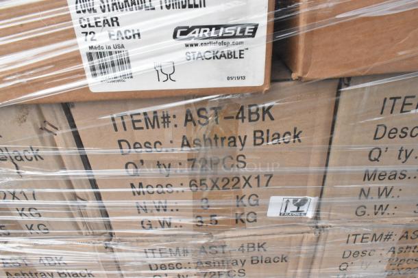 Sealed boxes displaying 50 new scratch and dent items including Carlisle 522007 tumblers and Update International AST-4BK ashtrays.