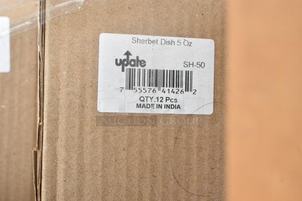 Label on cardboard box for Update Sherbet Dish 5 oz., SH-50, QTY: 12 pcs, Made in India. Visible barcode and Update logo.