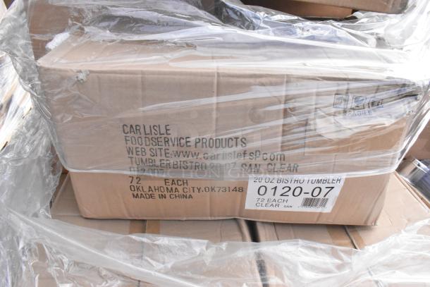 Box of Carlisle 20 oz. Clear SAN Plastic Tumblers, labeled "72 Each." New scratch and dent condition.