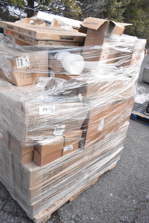 Pallet of 50 new scratch and dent items, including Carlisle 20 oz. clear SAN plastic tumblers and Update International ash trays.