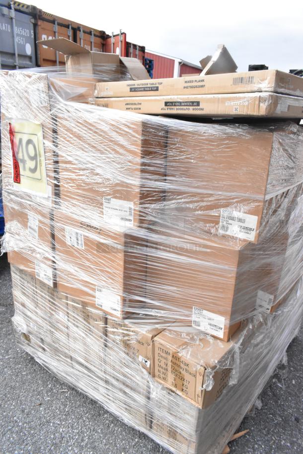 Shrink-wrapped pallet of 50 new items, including Carlisle 522007 tumblers and Update International (AST-4BK) ashtrays. Labels indicate contents.