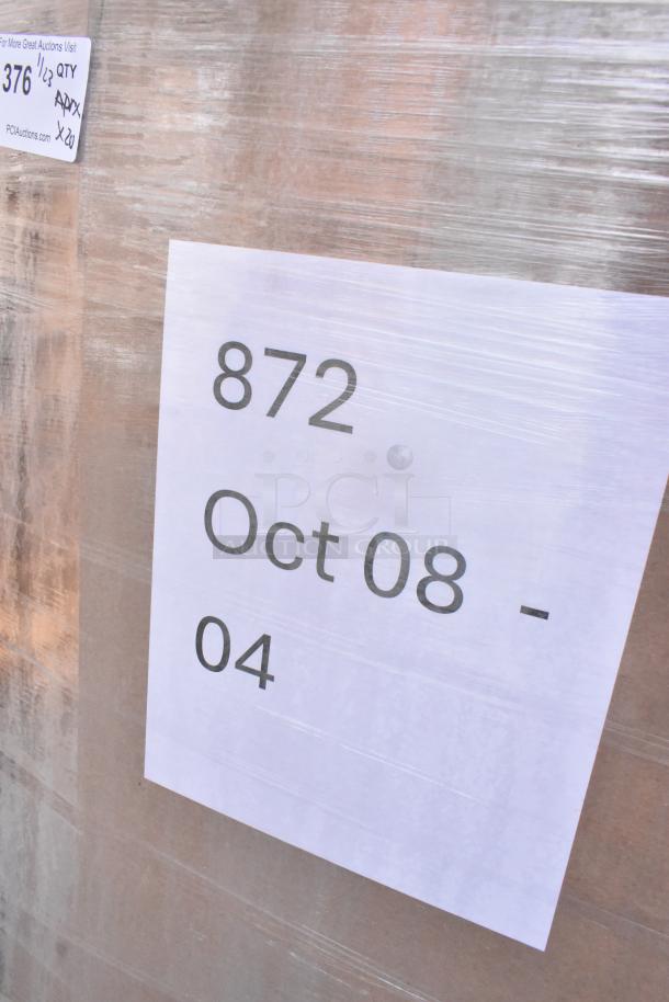 Wrapped pallet with label showing lot number 872 and date Oct 08. Contains 20 new scratch and dent items: fiber container, produce bags, bowls.