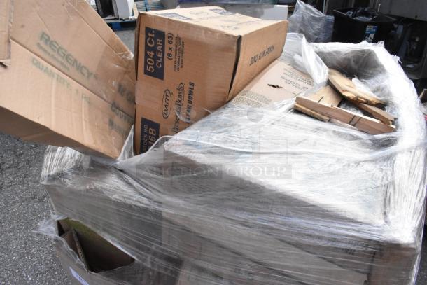 Pallet with 20 brand new scratch and dent items, including fiber container and produce bags, wrapped in plastic. Marked boxes seen.