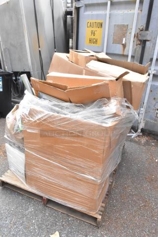 Pallet with wrapped boxes containing 20 brand new scratch and dent items, including clutch assemblies and containers.