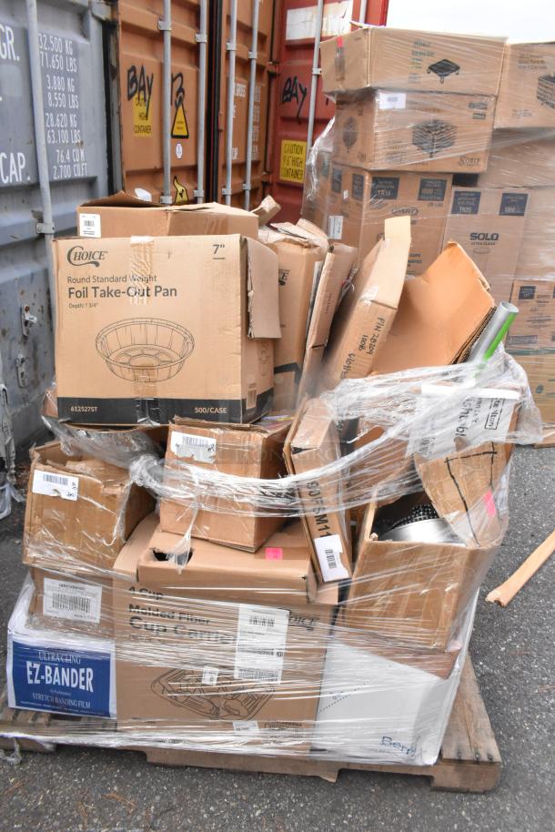 Pallet of boxed items including clutch assemblies and containers, some marked "Choice" and "Noble." New, scratch and dent condition.