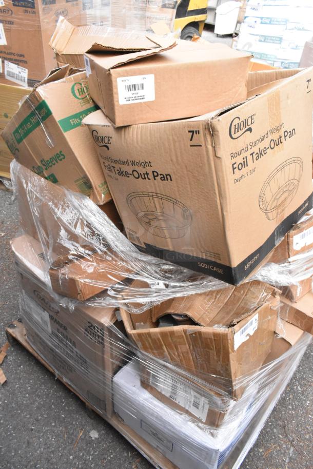 Pallet of cardboard boxes labeled "Choice" and "Dart," containing various brand new items, wrapped in plastic.