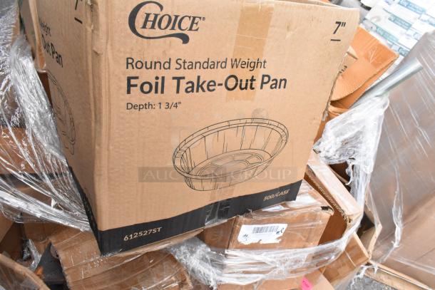 Box of Choice 7" round foil take-out pans. Brand new, slight scratches noted. Contains multiple items, 500 per case.