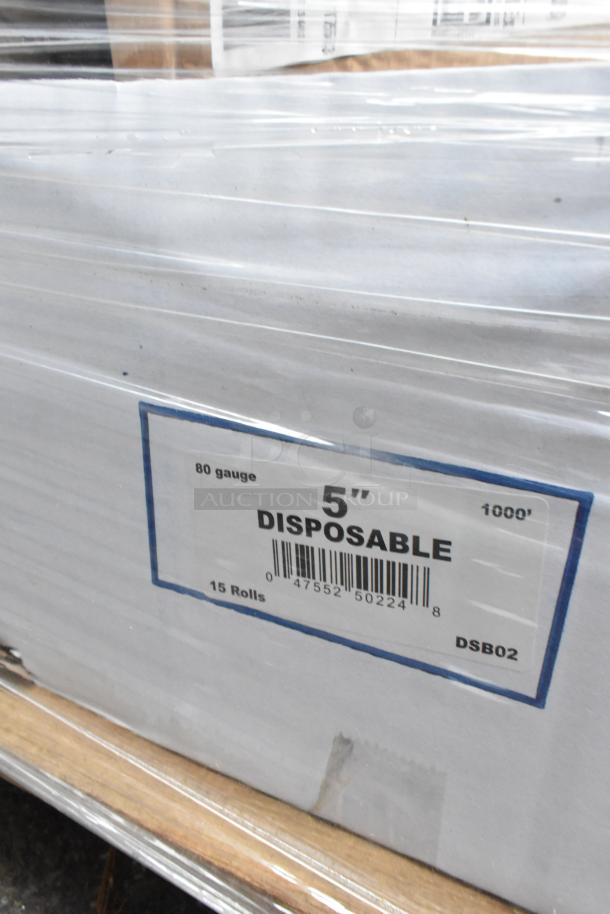 Pallet of 5" disposable containers, 80 gauge, 1000', 15 rolls, scratch and dent condition, labeled DSB02.