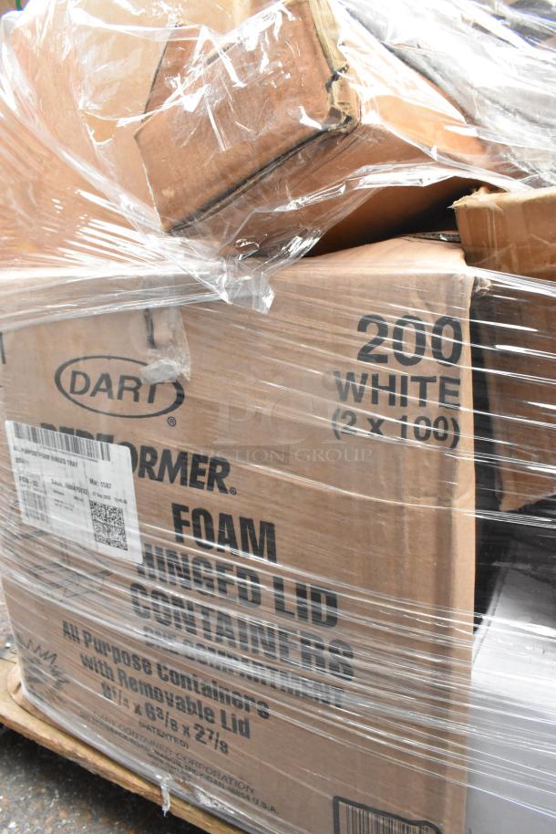 Pallet of foam containers by Dart, marked "200 White," wrapped in plastic. Box indicates hinged lid design.