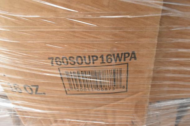 Pallet wrapped in plastic with visible label "760SOUP16WPA" and barcode, containing mixed items including clutch assemblies.