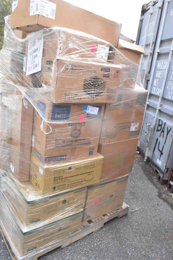 Pallet of boxed, brand-new scratch and dent items, including lids and cups, wrapped in plastic. 23 items total.