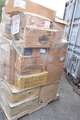 Pallet of boxed, brand-new scratch and dent items, including lids and cups, wrapped in plastic. 23 items total.