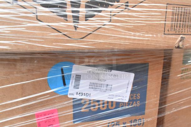 Boxes wrapped in plastic containing 2,500 clear plastic lids. Label texts include "LID NO SLOT FLT CLR 2500", "160640TP", "BIN: 1491D1".