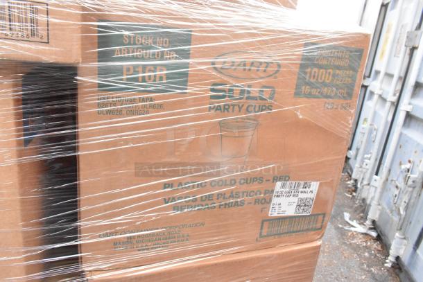 Box of Dart Solo Party Cups, 1000 pieces, 16 oz, red, in shrink wrap. Labeled with stock number P16R.