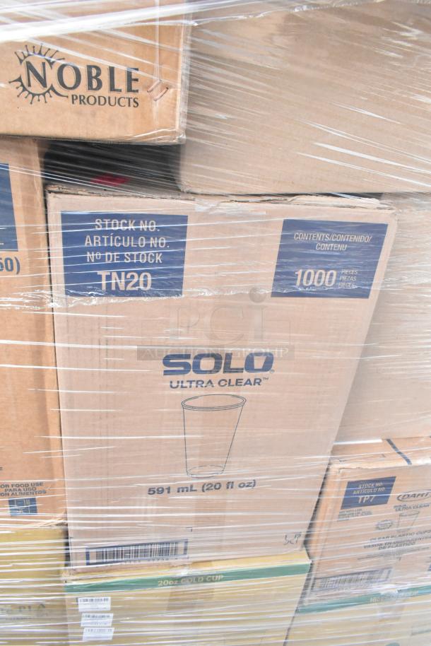 Bulk lot of 23 brand new items, including Solo Ultra Clear cups, model TN20, 591 mL, with potential scratches and dents.