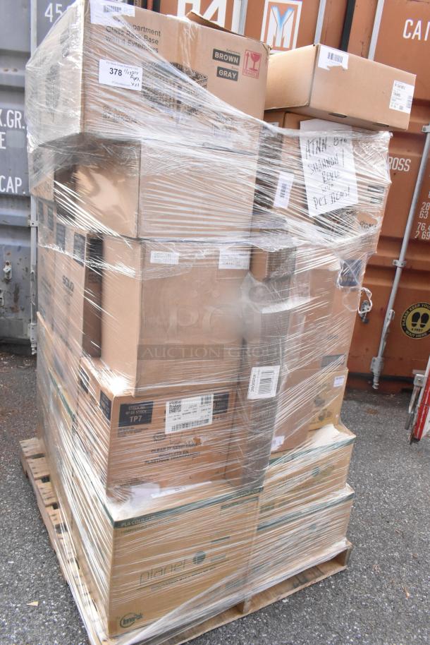 Pallet of 23 scratch and dent items, including lids and cups, wrapped for auction. Labels denote item details and quantity.