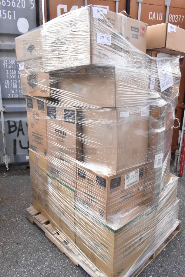 Pallet of 23 new scratch and dent boxes, including lids and cups, wrapped in plastic. Various brands visible.