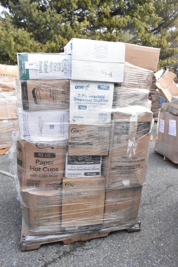 Pallet of 28 mixed boxes: hot cups, cold cups, salad bowls, deli containers, napkins. New scratch and dent items.