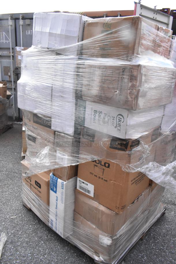 Pallet of 28 brand new, scratch and dent items including hot cups, cold cups, salad bowls, deli containers, and napkins.