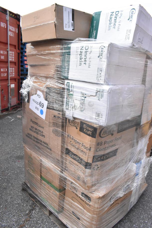 Stack of 28 brand new scratch and dent items wrapped in plastic, including Choice brand cups, containers, and napkins.