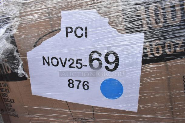 Plastic-wrapped pallet labeled "PCI NOV25-69 876" containing 28 scratch and dent food service items including cups and containers.