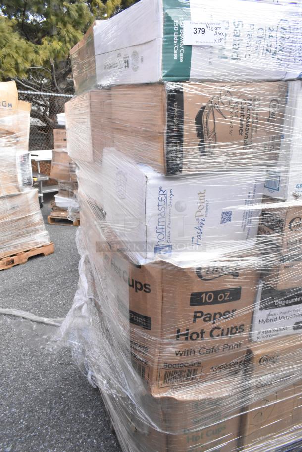 Pallet of brand new scratch and dent items includes hot cups, cold cups, salad bowls, deli containers, and napkins.