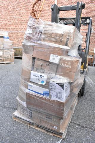 Pallet of 37 new scratch and dent items, including table tops, wicker baskets, plastic plates, bowls; wrapped in plastic.
