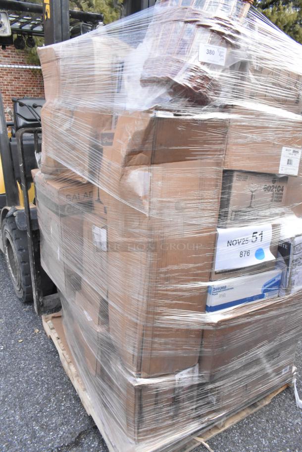 Sealed pallet with 37 brand new scratch and dent items, including table tops and wicker baskets. Visible labels show package details.