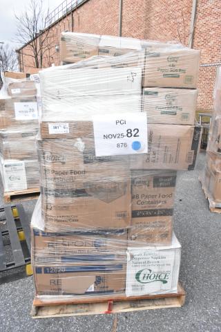 Pallet of 32 new scratch and dent items including cupcake containers, gloves, napkins, and trash bags, stacked and wrapped.
