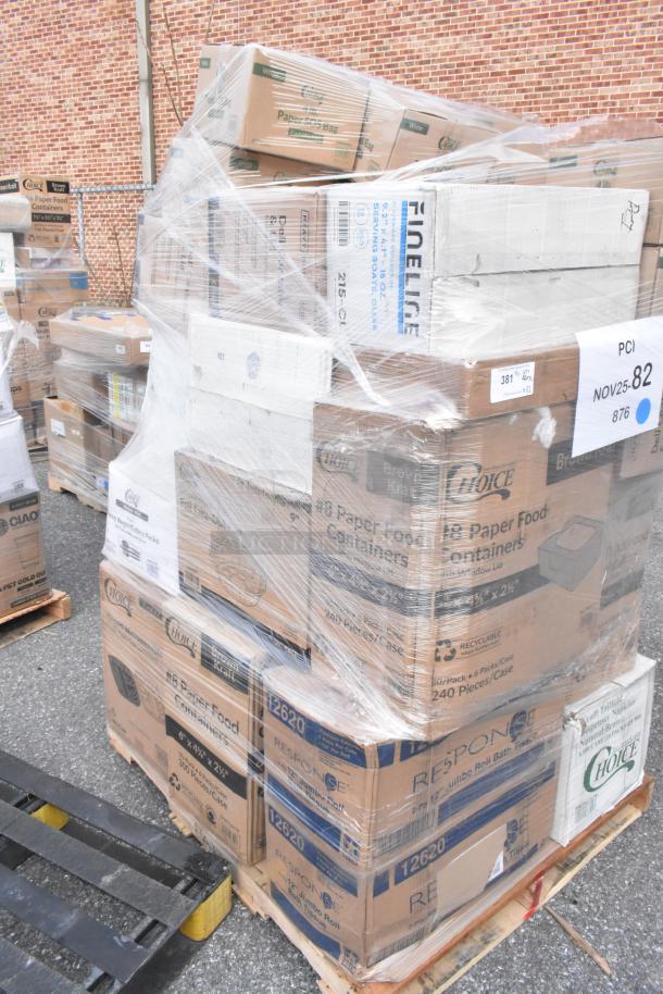 Pallet with 32 scratch and dent items: cupcake containers, gloves, napkins, and trash bags, wrapped for auction.