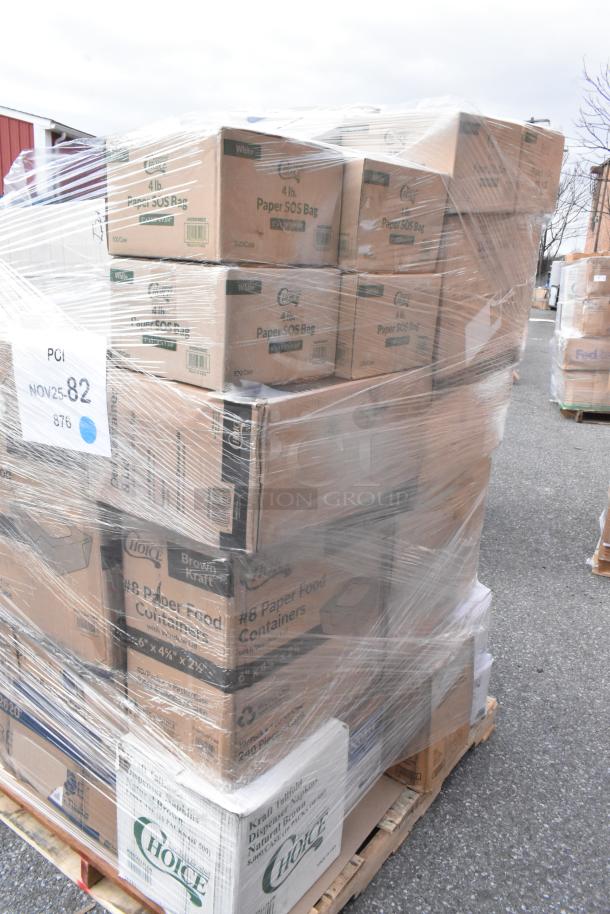 Pallet of various boxes with paper bags, food containers, and other items, wrapped in plastic. Bulk auction, 32 items total.